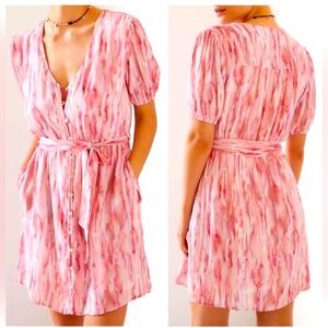 Anthropologie Cloth & Stone women’s Button Front Pink Watercolor belted dress M